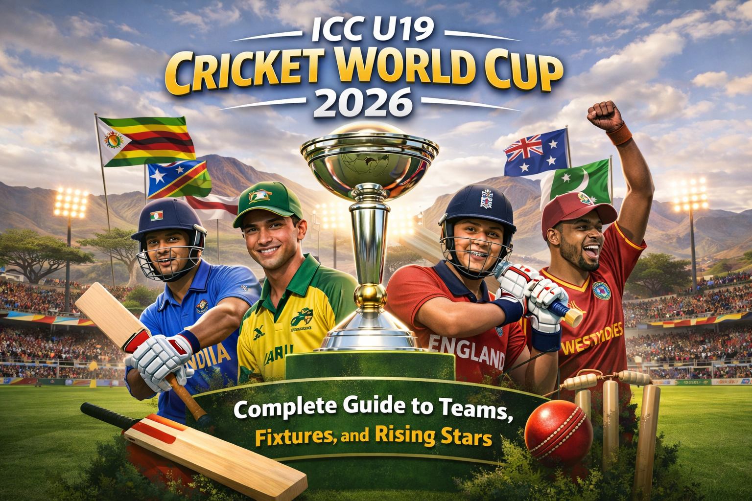 U19 Cricket World Cup tournament banner with participating teams and live score updates displayed