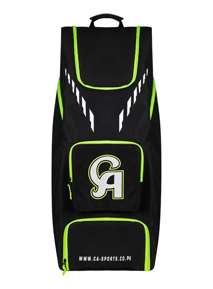 Black and white CA 18k Wheelie Duffle Bag designed for carrying complete cricket kit gear