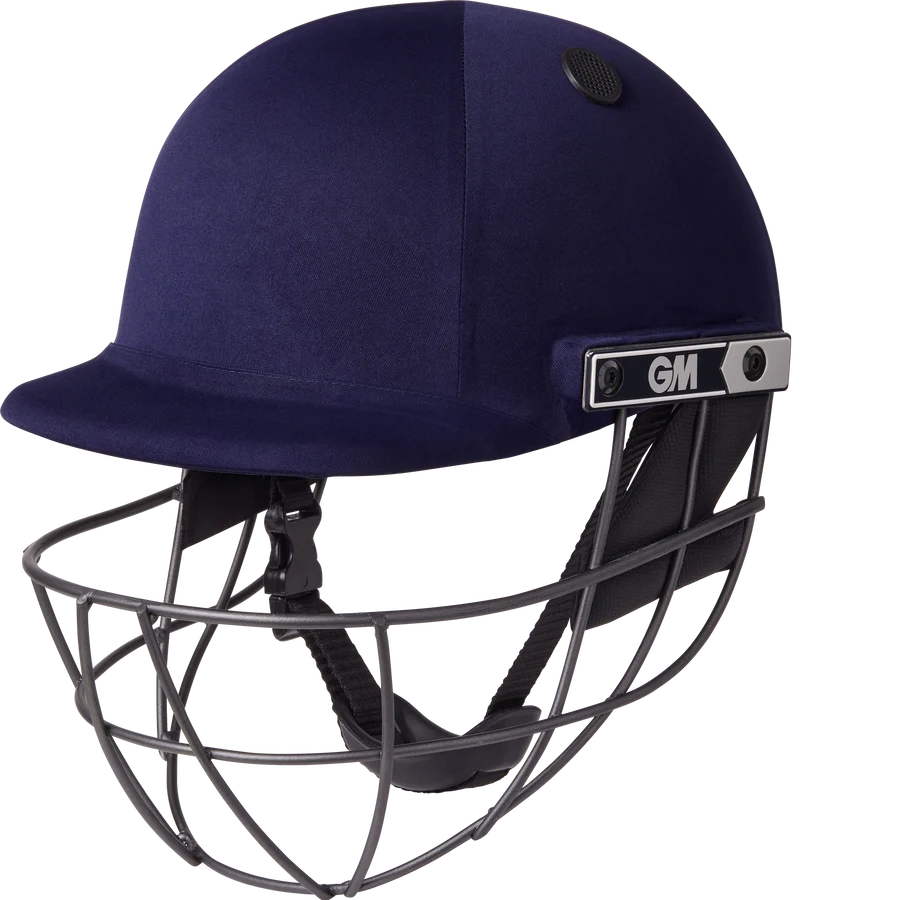 Navy blue Gunn & Moore Maestro Cricket Helmet with steel face grille for full head protection