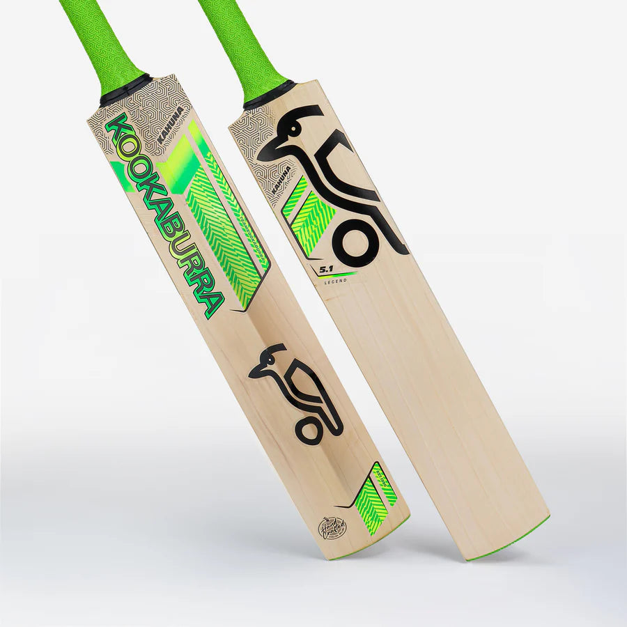 Kookaburra Kahuna 5.1 Legend Cricket Bat front view showing Grade 5 English willow with rich red grain tones.

