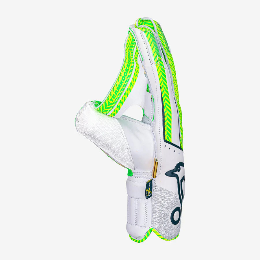 Kookaburra Long Cut Pro gloves being worn, demonstrating the secure, ready-to-catch fit.
