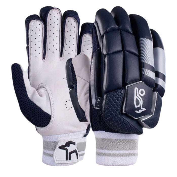 Kookaburra 4.1 T/20 batting gloves front view in navy blue, premium leather cricket gloves for professional players.