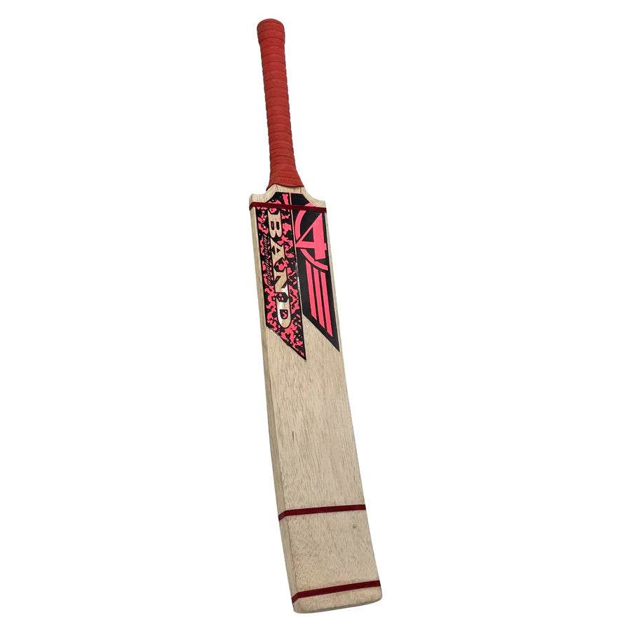 Detailed 4 Band branding on the face of a premium softball cricket bat for league play.