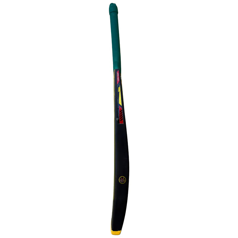 Detailed view of the toe guard protecting the base of the 7T7T Gold Edition Hard Tennis Bat by Cricketer Point.