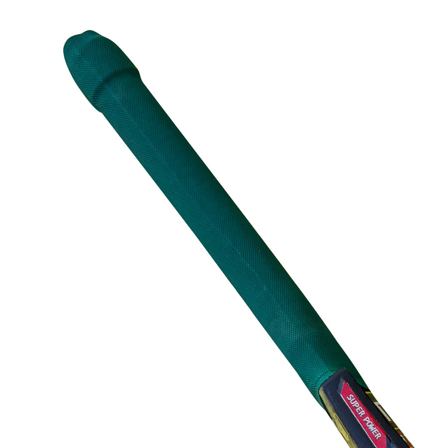 Detailed look at the top handle knob and grip wrapping on the Cricketer Point 7T7T Gold Edition Hard Tennis Bat.