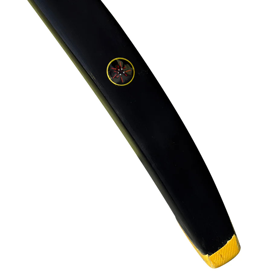 Close-up of the premium gold decals and branding on the Cricketer Point 7T7T Gold Edition Hard Tennis Bat.