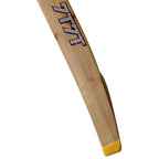 Top angle view showing the thick structural shoulder profile of the 7T7T Gold Edition Hard Tennis Bat by Cricketer Point.