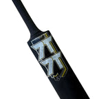 Close-up of the red Hero Edition decals and 7T7T branding on the Cricketer Point 7T7T One Side Hero Edition Red Tennis Bat.