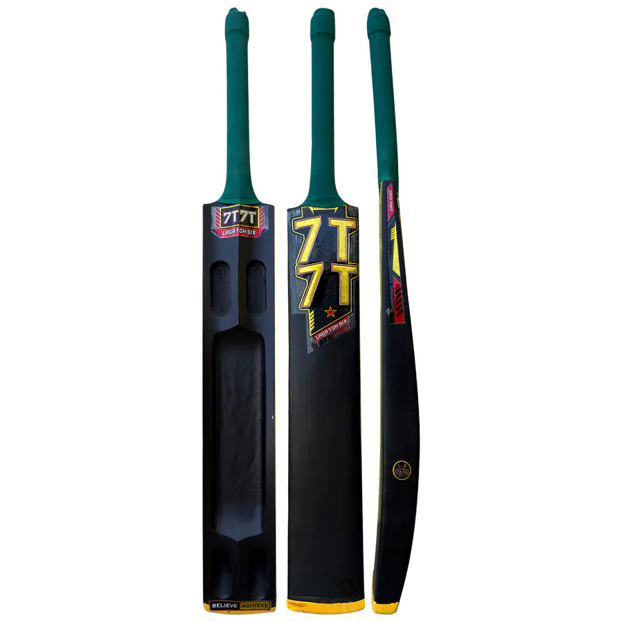 Front view of the Cricketer Point 7T7T Gold Edition Hard Tennis Bat showcasing the Grade A pure Kashmir willow blade.