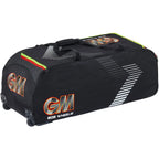 Black Gunn & Moore 909 Wheelie Cricket Bag featuring heavy-duty wheels and GM logo graphics
