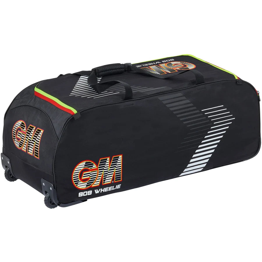 Black Gunn & Moore 909 Wheelie Cricket Bag featuring heavy-duty wheels and GM logo graphics