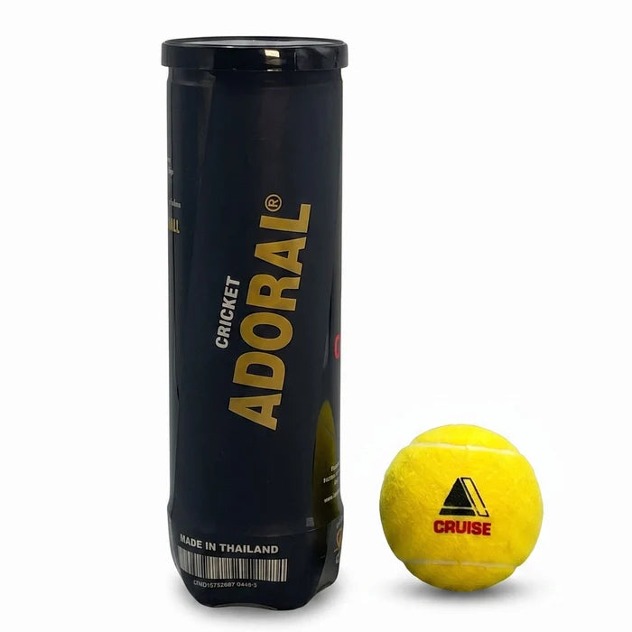 Yellow Adoral Cruise tape ball cricket tennis ball alongside black Made in Thailand can