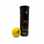 Adoral Cruise yellow cricket tennis ball placed next to a Shine Cricket cylindrical can