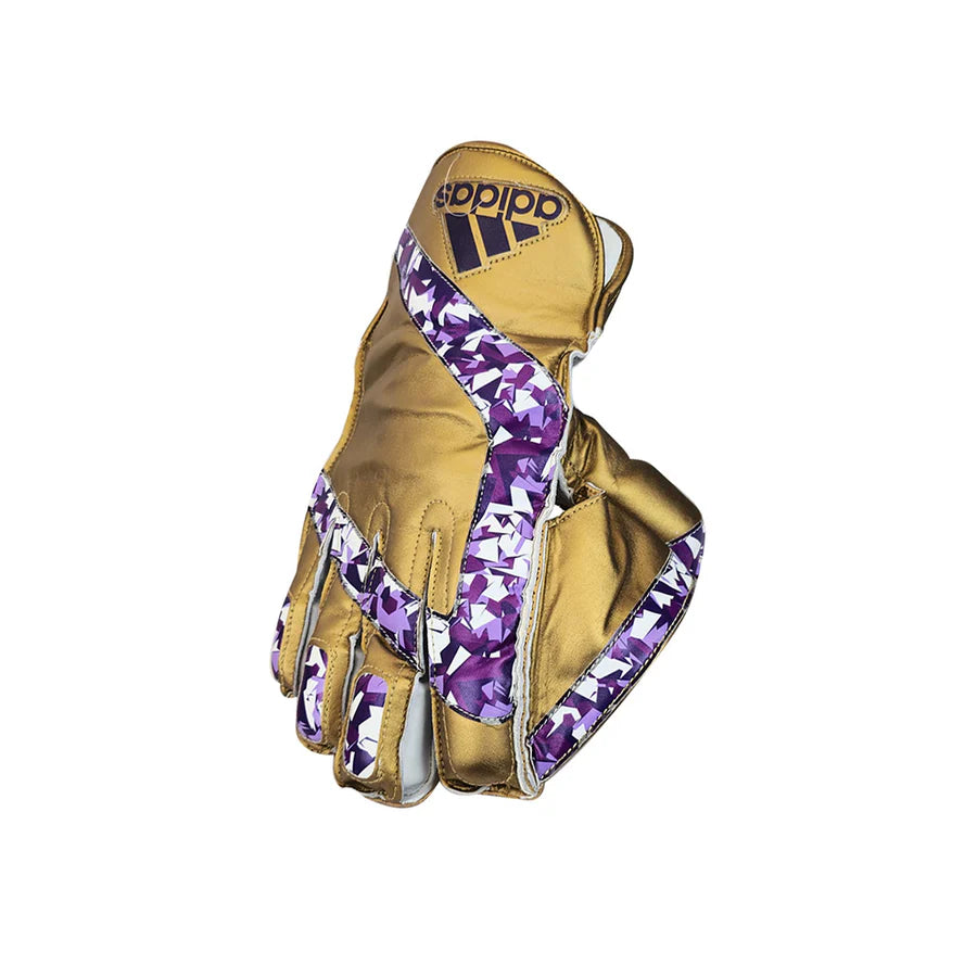 Front view of the gold Adidas Pellara 3.0 Wicket Keeping Glove by Cricketer Point showing the textured octopus rubber palm.