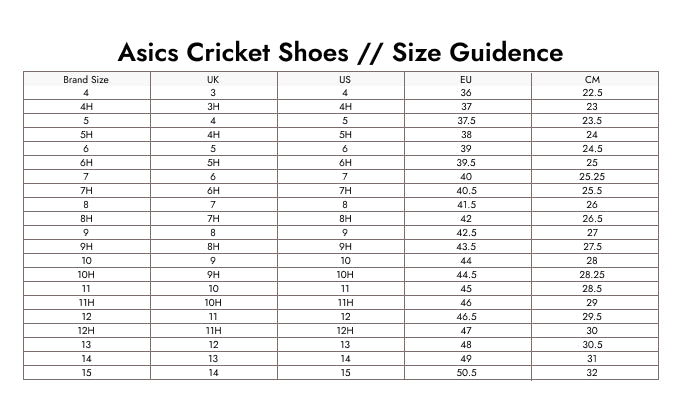 Size Guide — Asics Gel-Lethal Field 2 Cricket Shoes White/Orange