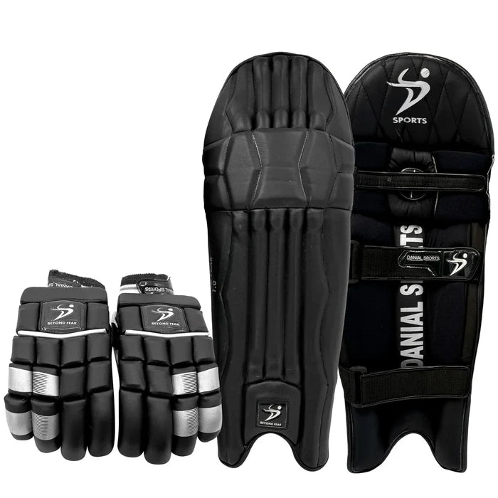 Black DS cricket batting pads and gloves set for extra protection.