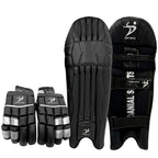 Black DS cricket batting pads and gloves set for extra protection.