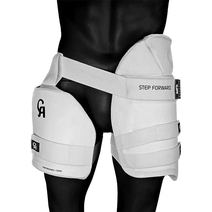 White CA Performance 15000 dual thigh pad set with STEP FORWARD strap for upper leg protection