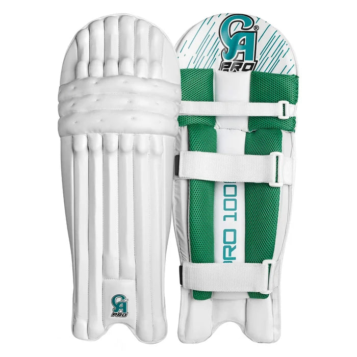White CA Pro 10000 Batting Pads displaying lightweight knee roll protection and secure straps