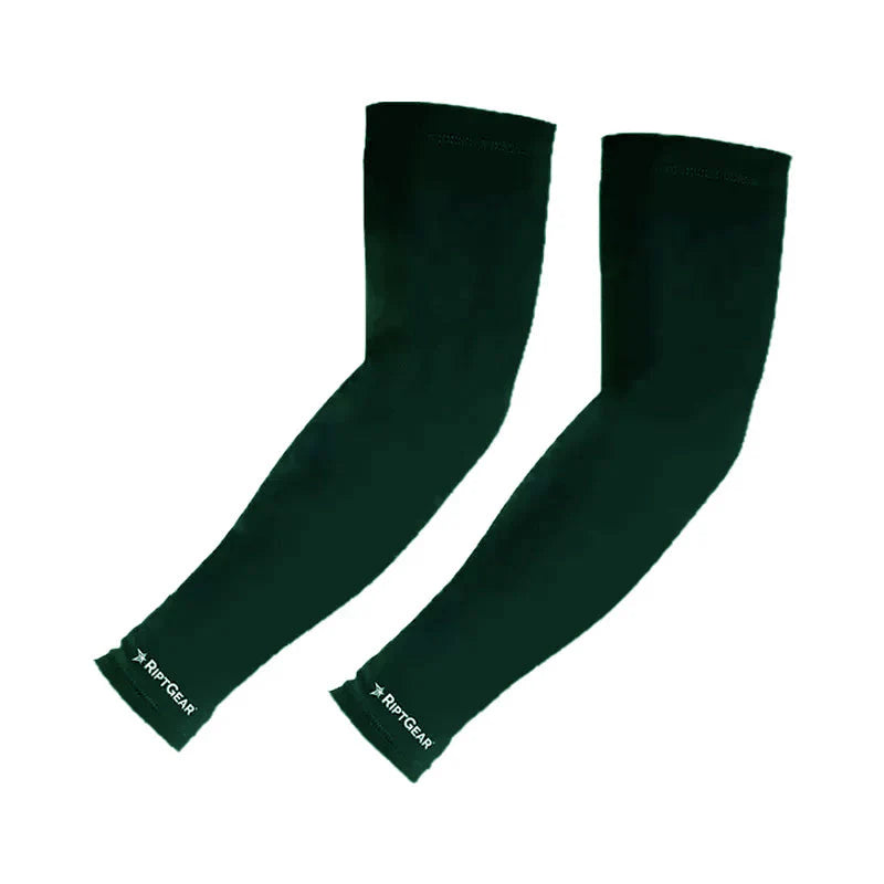 Green CA Fielding Elbow Sleeves Pair displaying the protective coverage length and secure elasticated arm cuffs.