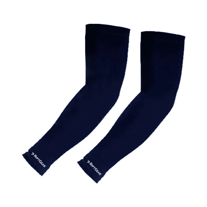Blue CA Fielding Elbow Sleeves Pair displaying the protective coverage length and secure elasticated arm cuffs.
