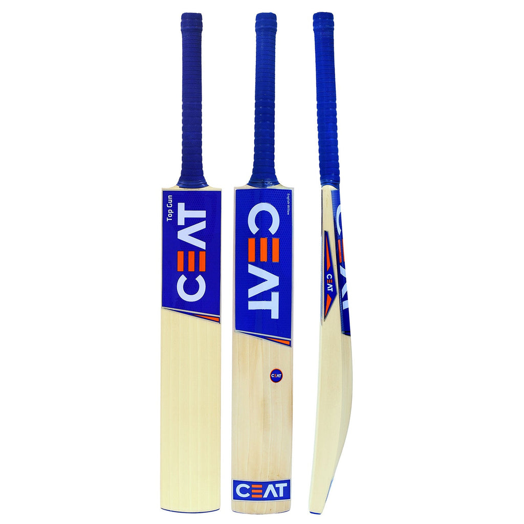 CEAT Top Gun cricket bat front profile, showcasing its traditional shape and 5-7 straight grains on the Grade 2 English willow.