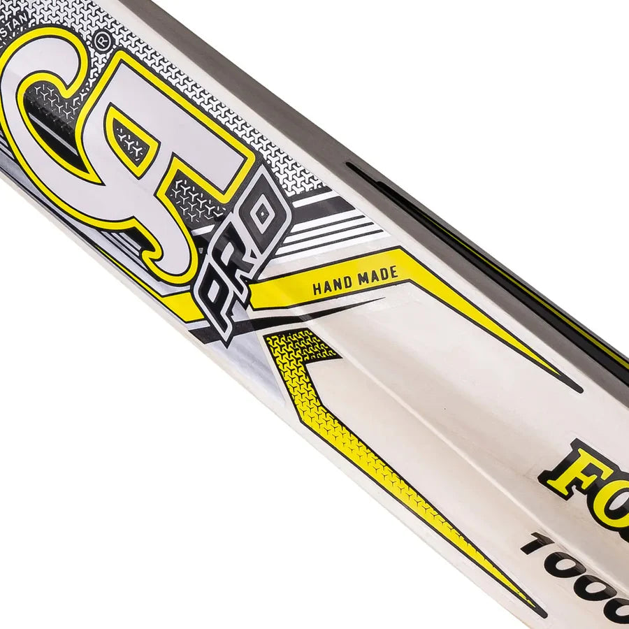 Angled perspective of the sweet spot area on the blade of a high-performance Ca Pro Force 10000 tape ball cricket bat.