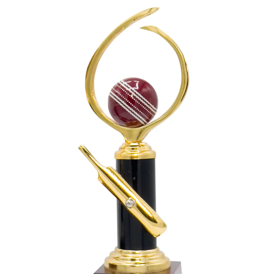 Side view of the Pro Cricket Trophy -272 showing the polished metal bowler figure and sturdy wooden base from a new angle.