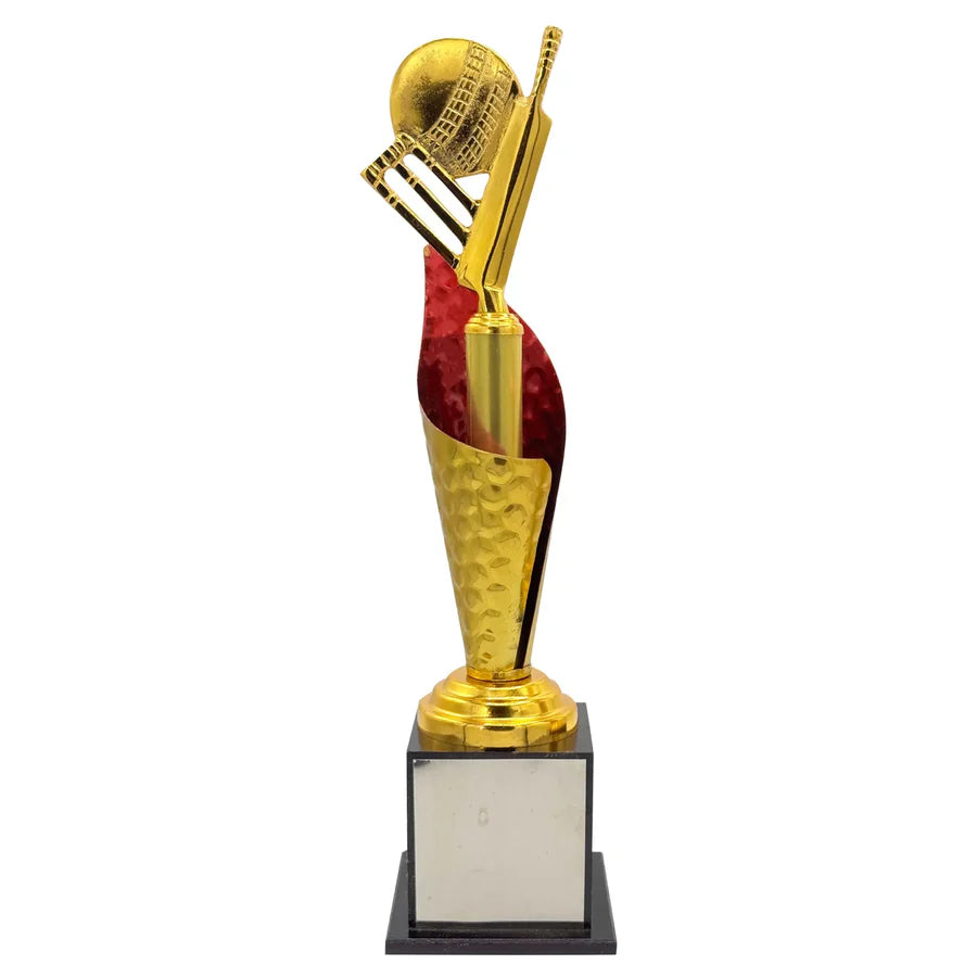 Gold Sporty Cricket Trophy with metal bowler figure on a polished wooden base, displayed at an angle