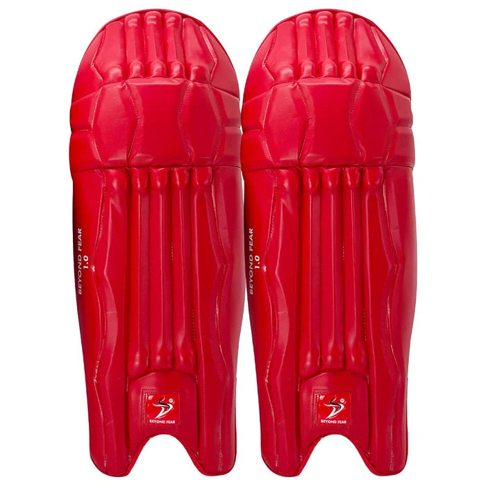 DS T/20 Cricket Batting Pads Red pair front view displaying red accents and protective facing at Cricketer Point