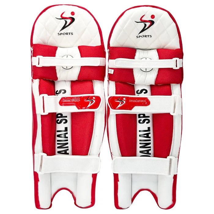 Side profile of DS T/20 Cricket Batting Pads Red showing knee roll structure and adjustable secure straps