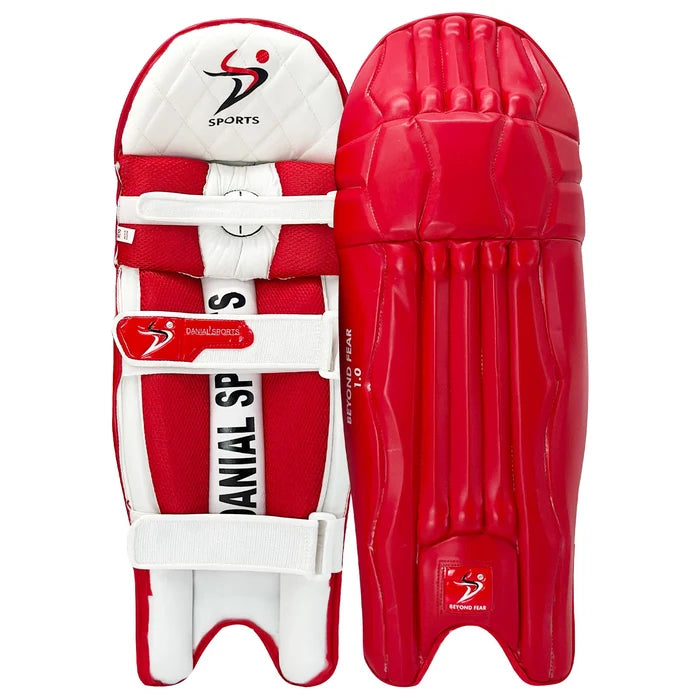 DS T/20 Cricket Batting Pads Red front view displaying white and red high-density foam padding at Cricketer Point