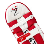 Single DS T/20 Cricket Batting Pad Red positioned upright showing overall structure and leg coverage