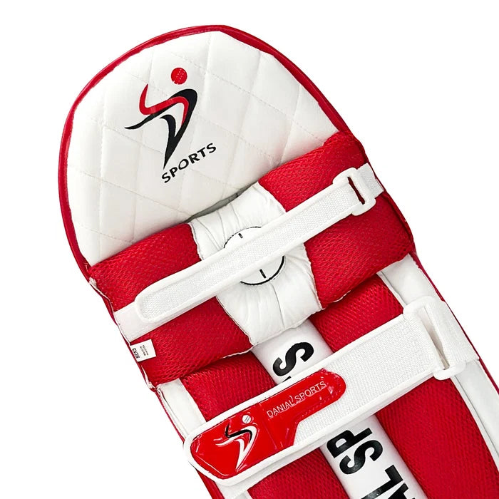 Single DS T/20 Cricket Batting Pad Red positioned upright showing overall structure and leg coverage