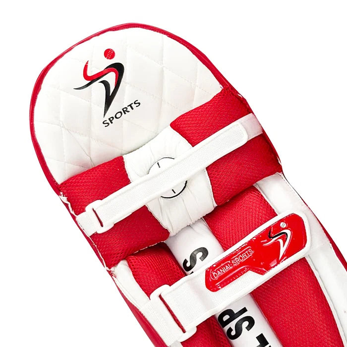 Top-down view of lightweight DS T/20 Cricket Batting Pads Red highlighting slim profile construction