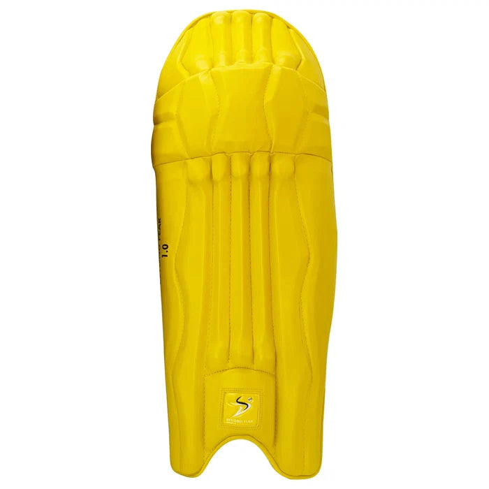 Close-up of secure adjustable velcro straps on the back of DS T/20 Cricket Batting Pads Yellow