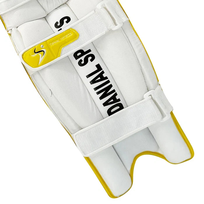 DS T/20 Cricket Batting Pads Yellow pair laid flat showing complete modern visual design features