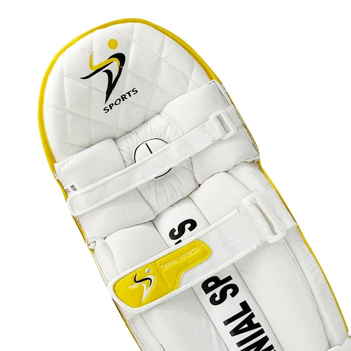 Single DS T/20 Cricket Batting Pad Yellow standing upright to demonstrate overall shape and fit