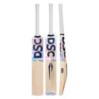 Front profile of the DSC Condor Surge English Willow cricket bat showcasing its curved blade and aggressive silver stickers.