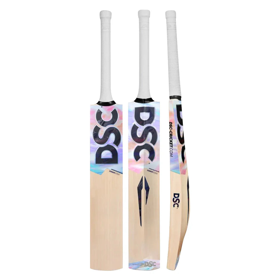 Front profile of the DSC Condor Surge English Willow cricket bat showcasing its curved blade and aggressive silver stickers.