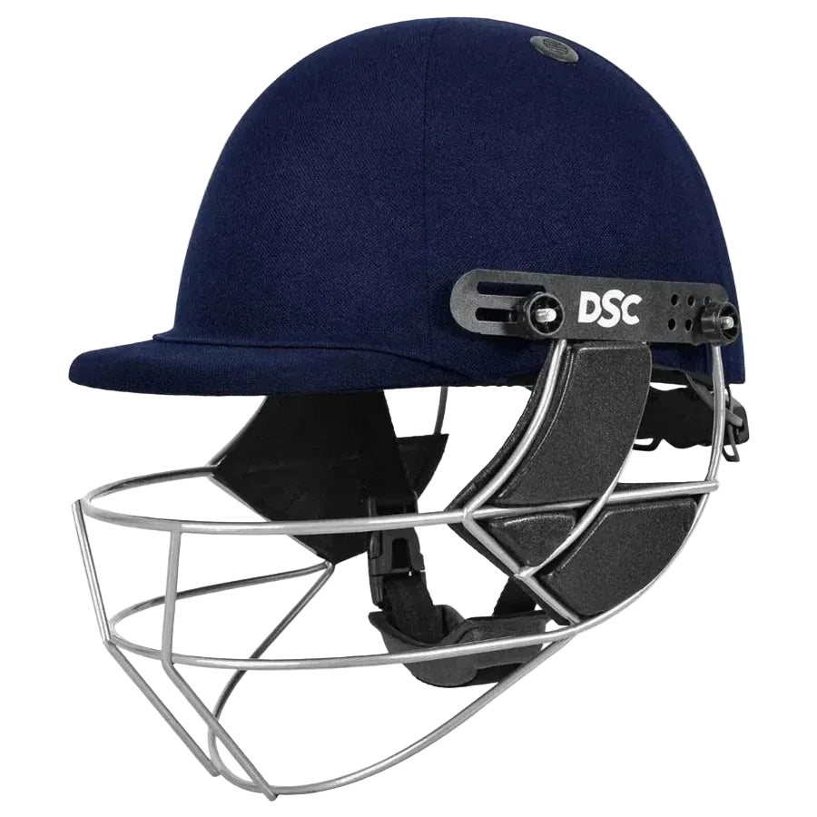 Navy blue DSC Defender 2.0 cricket helmet with steel grill.