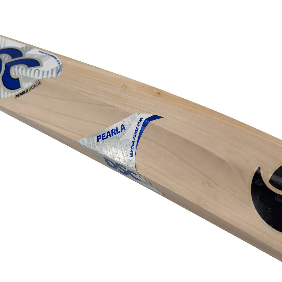 DSC Pearla Wonda cricket bat leaning against stumps in natural light.