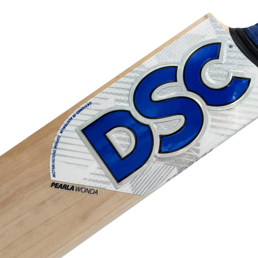 Top-down view showcasing the full length and shape of the cricket bat.

