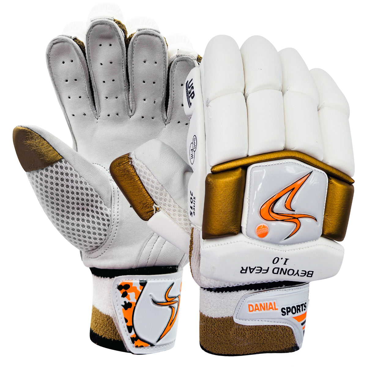 Pair of DS D 1.0 WhiteGold youth cricket batting gloves showing front and back views.