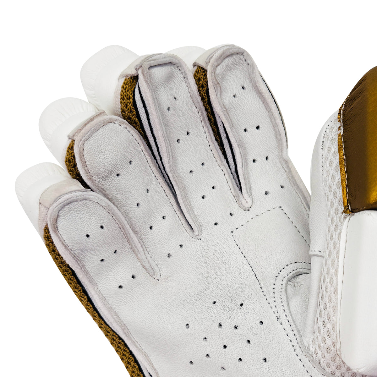 Close-up of the perforated leather fingers on the palm side of the DS D 1.0 WhiteGold youth batting glove.