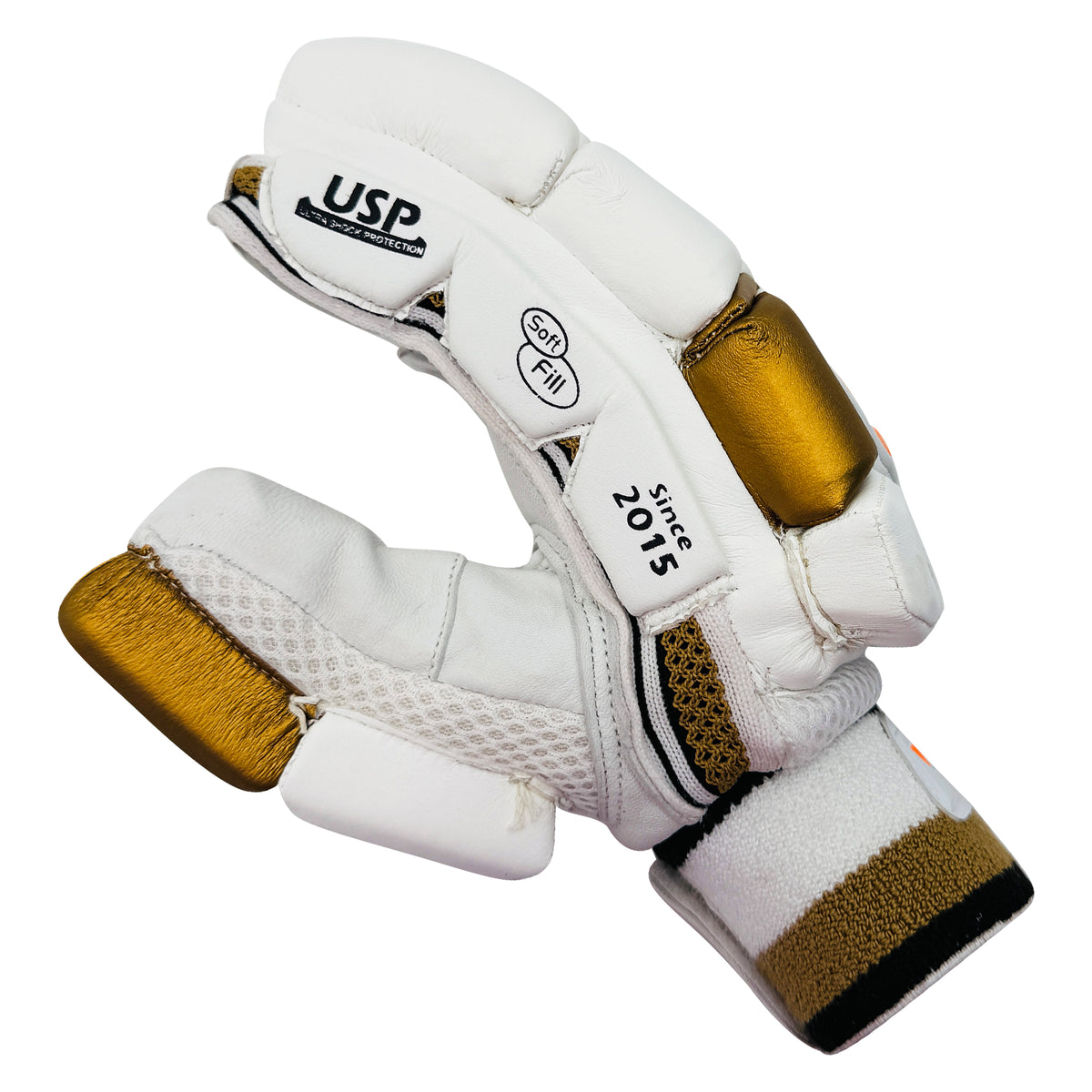 Side view of the DS D 1.0 WhiteGold youth cricket batting glove displaying USP branding and finger padding.