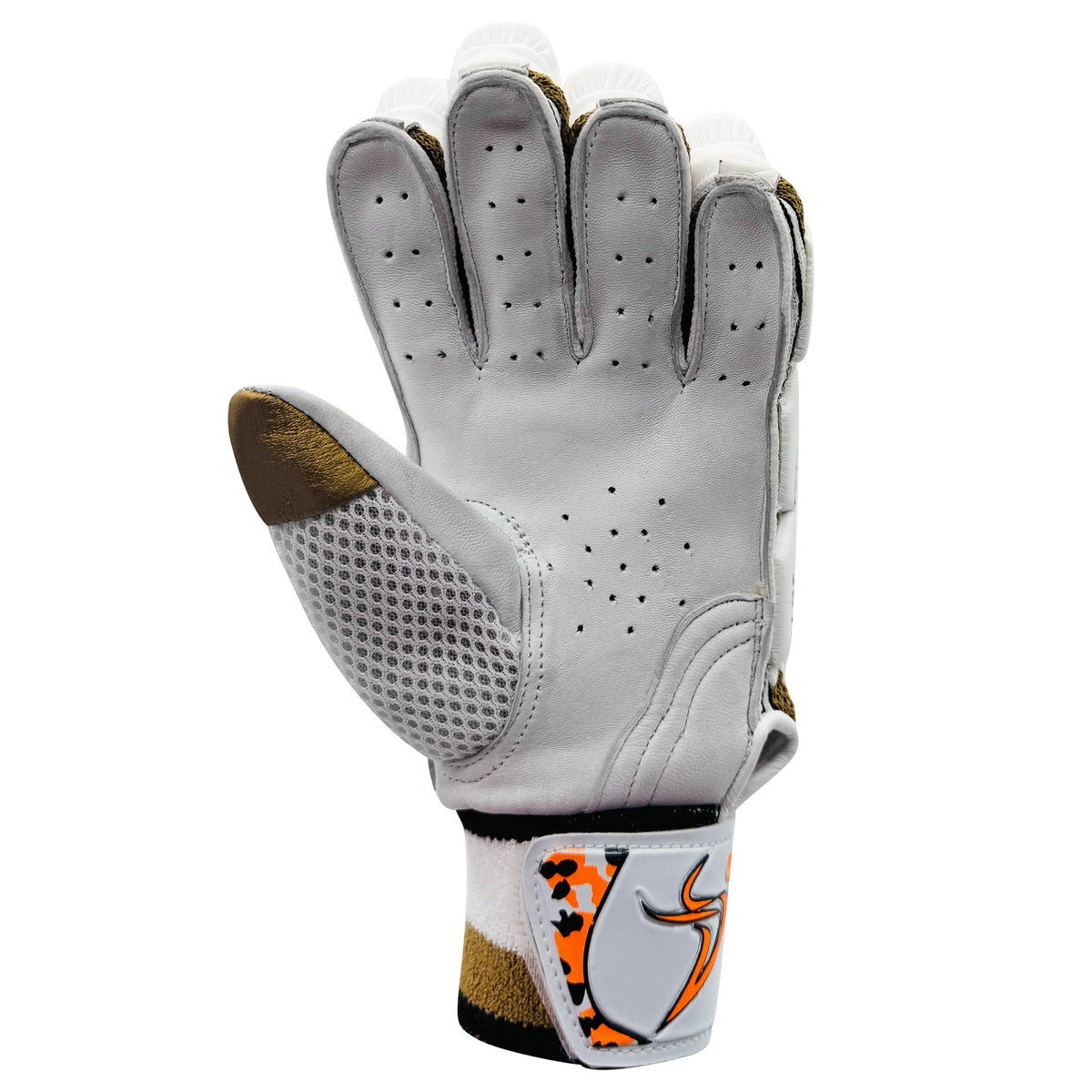 Palm side view of the DS D 1.0 WhiteGold youth cricket batting glove showing perforated leather and wrist strap.