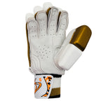 Palm view of DS D 1.0 WhiteGold youth cricket batting glove showing leather grip and wrist strap.