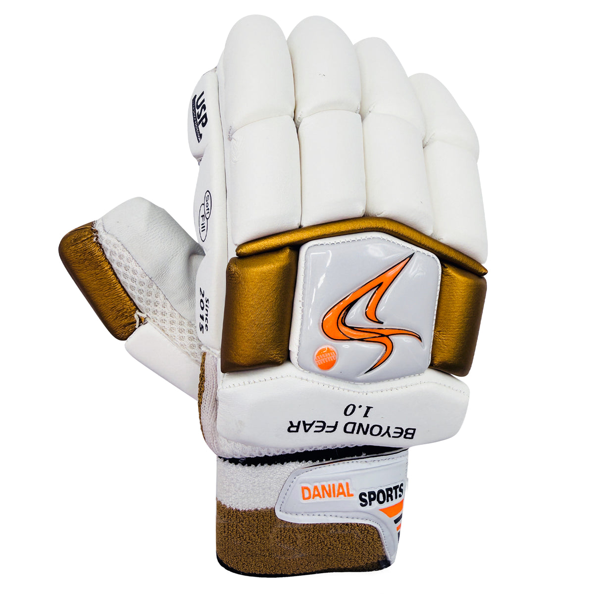 Front view of DS D 1.0 WhiteGold youth cricket batting glove with Danial Sports branding.