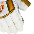 Angled view of the white and gold cricket batting glove showing the "Since 2015" and "Soft Fill" text details.